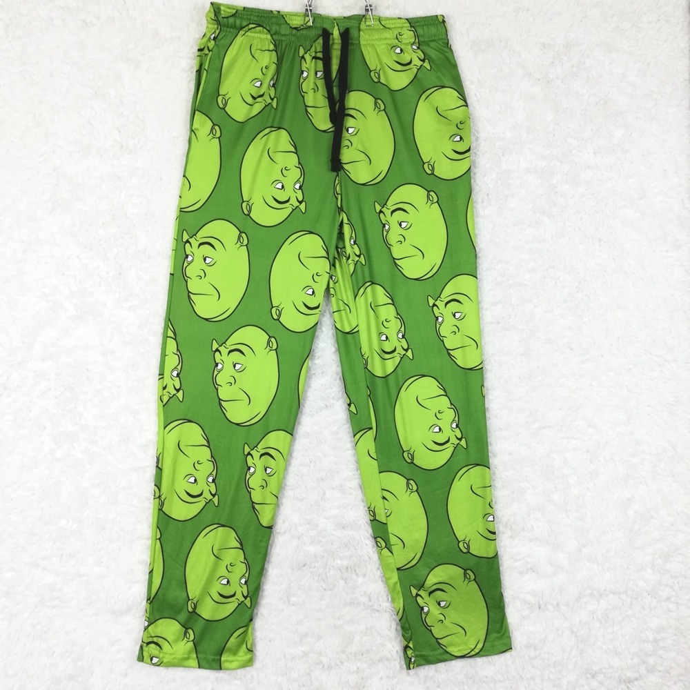Shrek Mens Pants Pajama Sleepwear All Over Character Print Green Lounge M